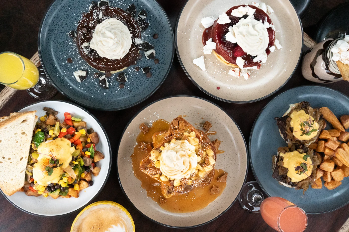 Overhead view of our favourite brunch dishes at Crabapple Café