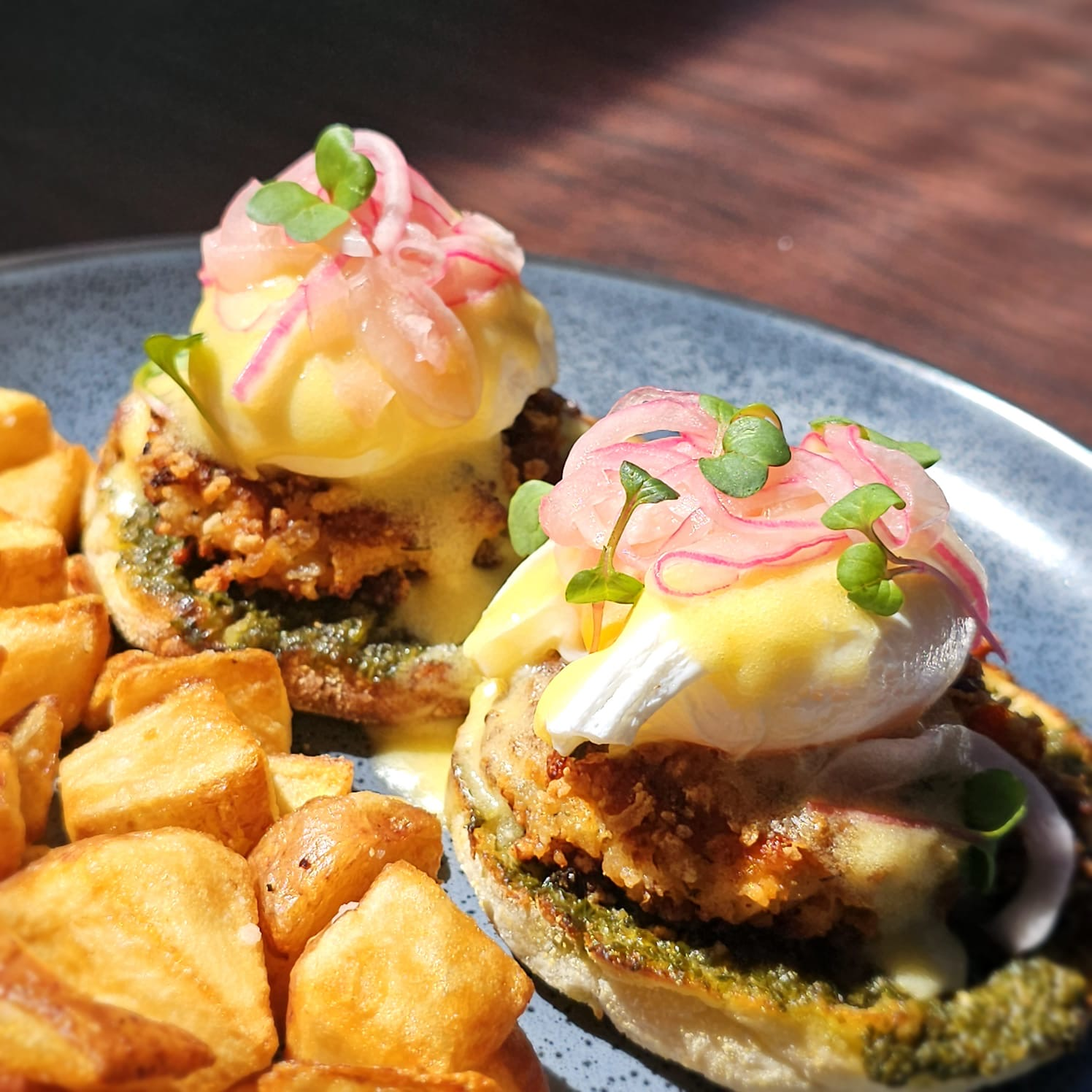 Salmon Cake Eggs Benedict $22.99